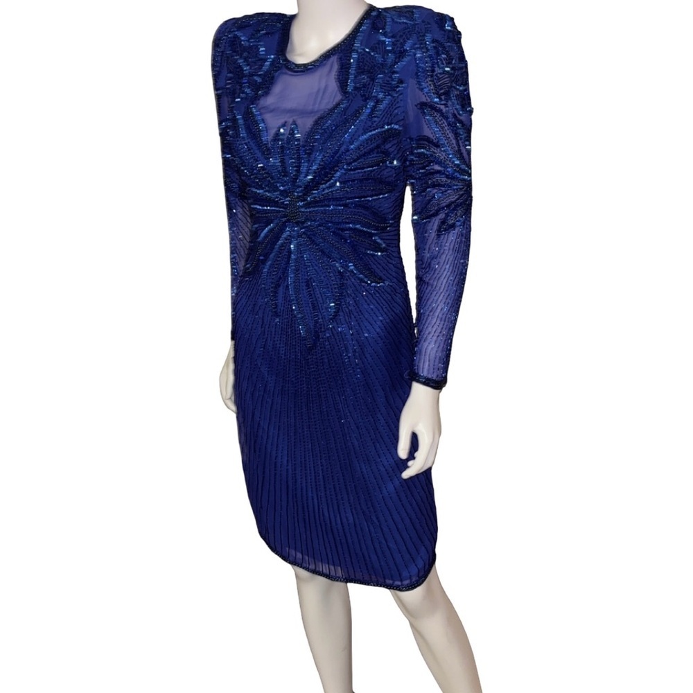 Vintage Niteline Blue Silk Sequin Beaded‎ Dress Size 6 P2P 18”
